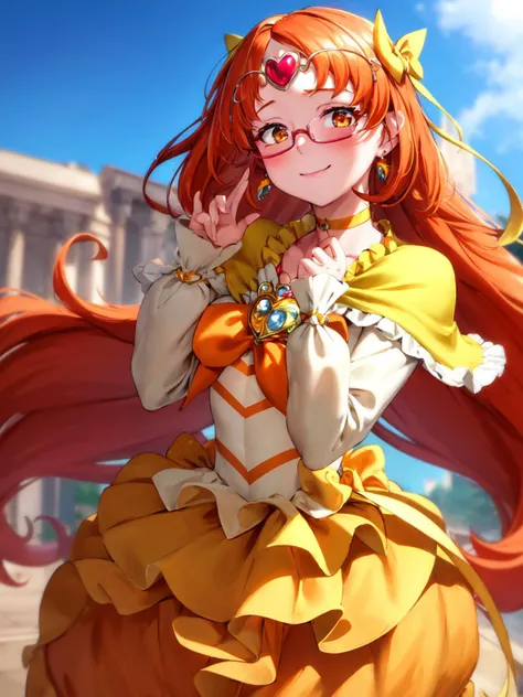 masterpiece, best quality, looking_at_viewer, depth_of_field, cowboy shot,
1girl, <lora:locon_cure_muse_01_release:0.9>, cure muse, orange hair, hair ribbon, yellow choker, jewelry, brooch, capelet, tiara, glasses, hands on own cheeks, blush, closed mouth,
smile, standing, gradient_background,