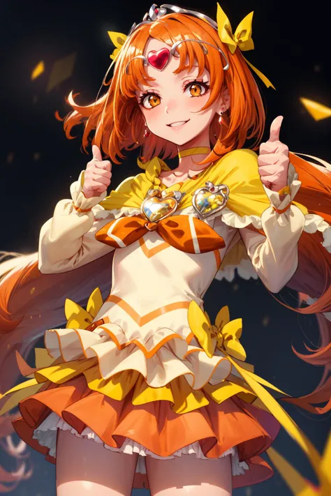 masterpiece,best quality,1girl,cure muse,orange hair,orange eyes,long hair,hair ribbon,yellow choker,jewelry,brooch,capelet,tiara,smile,((thumbs up)),one arm arm at side,cowboy shot,<lora:locon_cure_muse_01_block:0.9>,