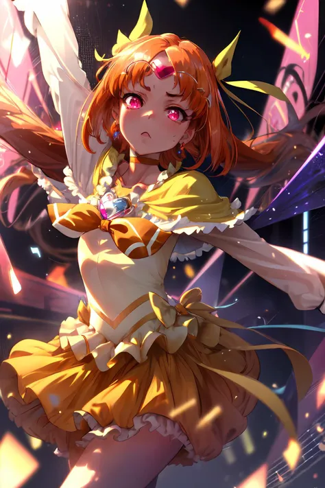 masterpiece,best quality,1girl,cure muse,orange hair,long hair,hair ribbon,yellow choker,jewelry,brooch,capelet,tiara,((glowing musical note)),(serious),fighting stance,action pose,spread arms,motion lines,motion blur,shockwave,cowboy shot,<lora:locon_cure_muse_01_block:0.9>,