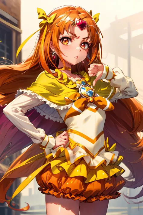 masterpiece,best quality,1girl,cure muse,orange hair,long hair,hair ribbon,yellow choker,jewelry,brooch,capelet,tiara,(serious),(thumbs down),hand on hip,cowboy shot,<lora:locon_cure_muse_01_block:0.9>,<lora:thumbs-down:0.7>,