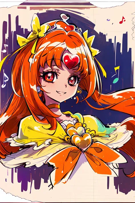 masterpiece,best quality,1girl,cure muse,orange hair,long hair,hair ribbon,yellow choker,jewelry,brooch,capelet,tiara,smile,(((musical note))),upper body,<lora:locon_cure_muse_01_block:0.9>,<lora:KamikitaV2:0.8>,