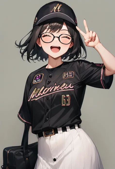 masterpiece, best quality, very aesthetic, absurdres,
1girl, glasses, black hair, medium hair, 
BSW2024_63, baseball uniform, baseball cap, black shirt, skirt, bag, happy, smile, closed eyes, open mouth, v, looking at viewer, simple background, grey background
 <lora:chiba_lotte_marines_BSW2024_SDXL_V1:1>