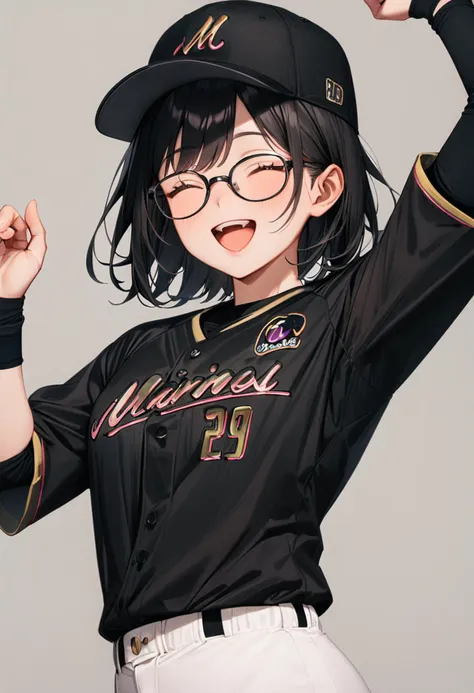 masterpiece, best quality, very aesthetic, absurdres,
1girl, glasses, black hair, medium hair,
BSW2024_29, baseball uniform, baseball cap, black shirt, white pants, happy, smile, closed eyes, open mouth, arm up, hand up, looking at viewer, simple background, grey background
<lora:chiba_lotte_marines_BSW2024_SDXL_V1:1>