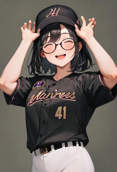 masterpiece, best quality, very aesthetic, absurdres,
1girl, glasses, black hair, medium hair,
BSW2024_41, baseball uniform, baseball cap, black shirt, white pants, happy, smile, looking at viewer, simple background, grey background, arms up, hands up, 
<lora:chiba_lotte_marines_BSW2024_SDXL_V1:1>