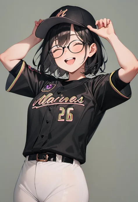 masterpiece, best quality, very aesthetic, absurdres,
1girl, glasses, black hair, medium hair,
BSW2024_26, baseball uniform, baseball cap, black shirt, white pants, happy, smile, looking at viewer, simple background, grey background, arms up, hands up, 
<lora:chiba_lotte_marines_BSW2024_SDXL_V1:1>