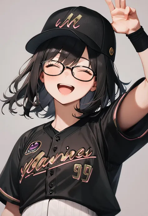 masterpiece, best quality, very aesthetic, absurdres,
1girl, glasses, black hair, medium hair, 
BSW2024_99, baseball uniform, baseball cap, black shirt, white pants, happy, smile, closed eyes, open mouth, arm up, hand up, looking at viewer, simple background, grey background
 <lora:chiba_lotte_marines_BSW2024_SDXL_V1:1>