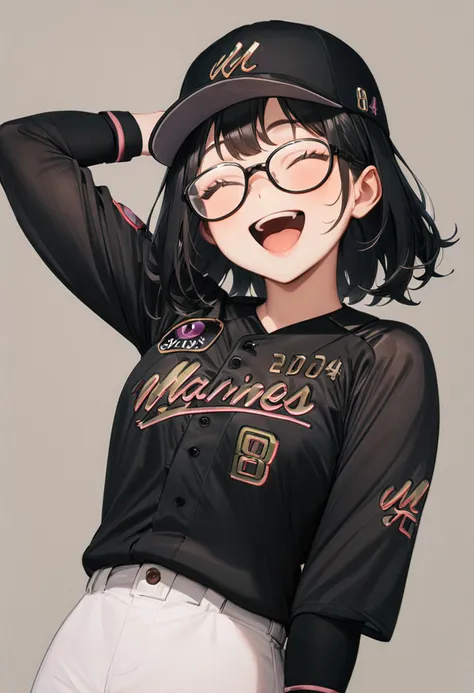 masterpiece, best quality, very aesthetic, absurdres,
1girl, glasses, black hair, medium hair,
BSW2024_8, baseball uniform, baseball cap, black shirt, white pants, happy, smile, closed eyes, open mouth, arm up, hand up, looking at viewer, simple background, grey background
<lora:chiba_lotte_marines_BSW2024_SDXL_V1:1>