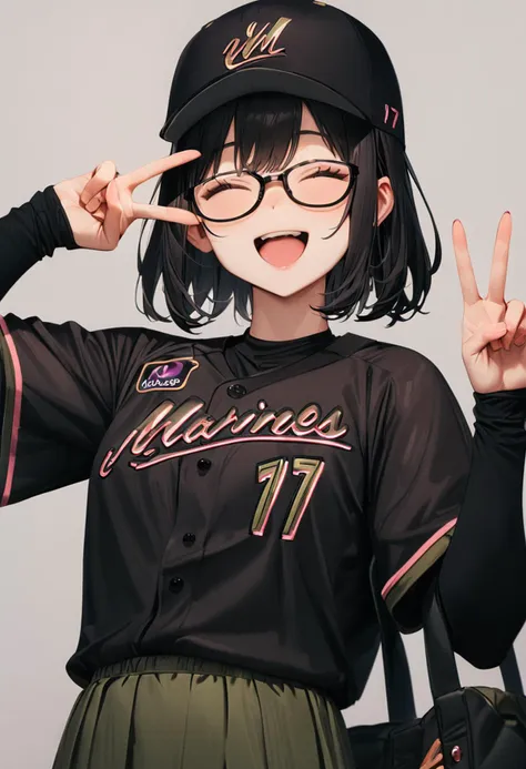 masterpiece, best quality, very aesthetic, absurdres,
1girl, glasses, black hair, medium hair, 
BSW2024_17, baseball uniform, baseball cap, black shirt, skirt, bag, happy, smile, closed eyes, open mouth, v, looking at viewer, simple background, grey background
 <lora:chiba_lotte_marines_BSW2024_SDXL_V1:1>