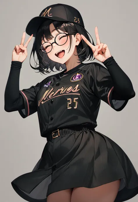 masterpiece, best quality, very aesthetic, absurdres,
1girl, glasses, black hair, medium hair, 
BSW2024_25, baseball uniform, baseball cap, black shirt, skirt, bag, happy, smile, closed eyes, open mouth, v, looking at viewer, simple background, grey background
 <lora:chiba_lotte_marines_BSW2024_SDXL_V1:1>