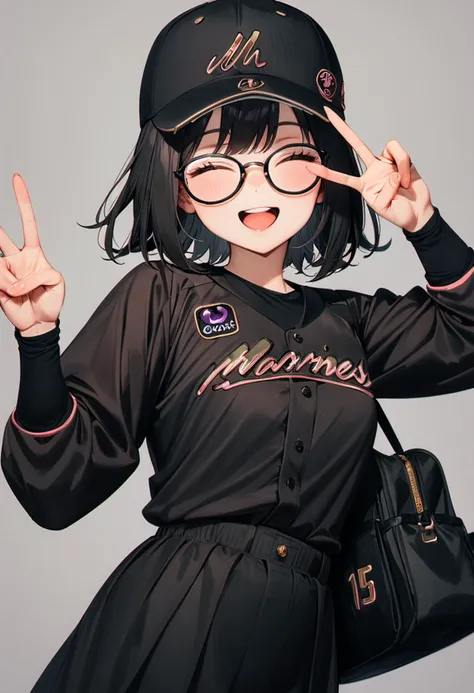 masterpiece, best quality, very aesthetic, absurdres,
1girl, glasses, black hair, medium hair, 
BSW2024, baseball uniform, baseball cap, black shirt, skirt, bag, happy, smile, closed eyes, open mouth, v, looking at viewer, simple background, grey background
 <lora:chiba_lotte_marines_BSW2024_SDXL_V1:1>