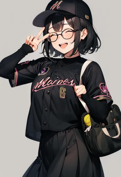 masterpiece, best quality, very aesthetic, absurdres,
1girl, glasses, black hair, medium hair, 
BSW2024, baseball uniform, baseball cap, black shirt, skirt, bag, happy, smile, closed eyes, open mouth, v, looking at viewer, simple background, grey background
 <lora:chiba_lotte_marines_BSW2024_SDXL_V1:1>