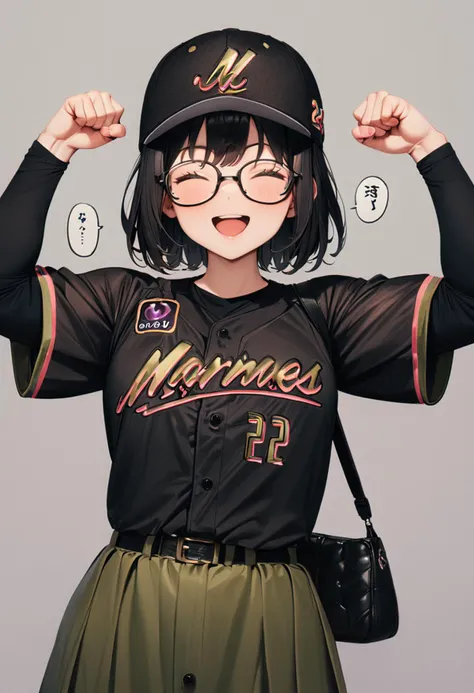 masterpiece, best quality, very aesthetic, absurdres,
1girl, glasses, black hair, medium hair, 
BSW2024_22, baseball uniform, baseball cap, black shirt, skirt, bag, happy, smile, closed eyes, open mouth, flexing, speech bubble, power, looking at viewer, simple background, grey background
 <lora:chiba_lotte_marines_BSW2024_SDXL_V1:1>