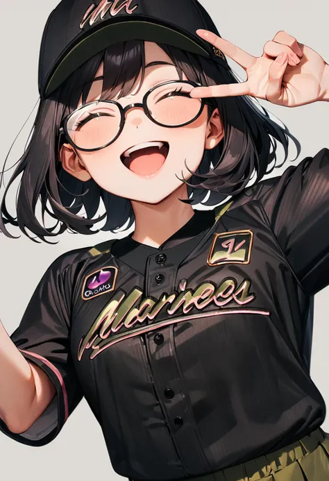 masterpiece, best quality, very aesthetic, absurdres,
1girl, glasses, black hair, medium hair, 
BSW2024, baseball uniform, baseball cap, black shirt, skirt, bag, happy, smile, closed eyes, open mouth, v, looking at viewer, simple background, grey background
 <lora:chiba_lotte_marines_BSW2024_SDXL_V1:1>