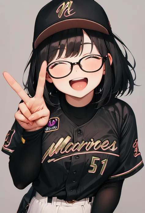 masterpiece, best quality, very aesthetic, absurdres,
1girl, glasses, black hair, medium hair, 
BSW2024_51, baseball uniform, baseball cap, black shirt, skirt, bag, happy, smile, closed eyes, open mouth, v, looking at viewer, simple background, grey background
 <lora:chiba_lotte_marines_BSW2024_SDXL_V1:1>