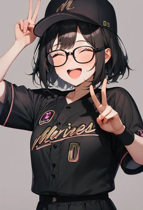 masterpiece, best quality, very aesthetic, absurdres,
1girl, glasses, black hair, medium hair, 
BSW2024_0, baseball uniform, baseball cap, black shirt, skirt, bag, happy, smile, closed eyes, open mouth, v, looking at viewer, simple background, grey background
 <lora:chiba_lotte_marines_BSW2024_SDXL_V1:1>