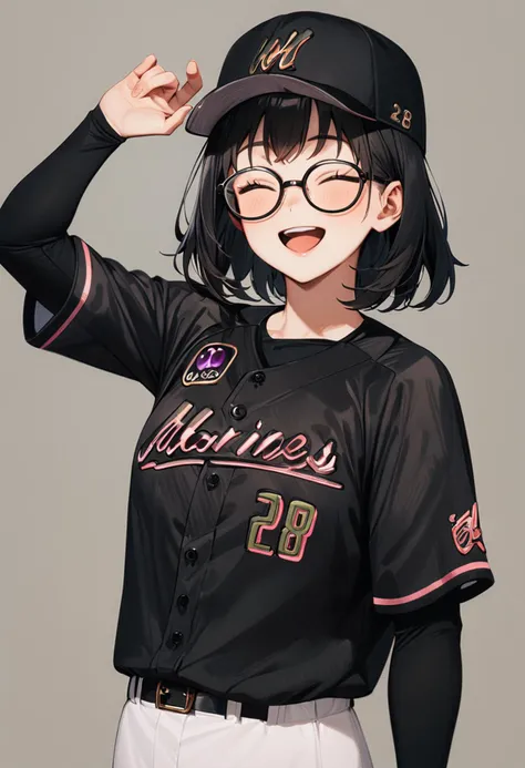 masterpiece, best quality, very aesthetic, absurdres,
1girl, glasses, black hair, medium hair,
BSW2024_28, baseball uniform, baseball cap, black shirt, white pants, happy, smile, closed eyes, open mouth, arm up, hand up, looking at viewer, simple background, grey background
<lora:chiba_lotte_marines_BSW2024_SDXL_V1:1>