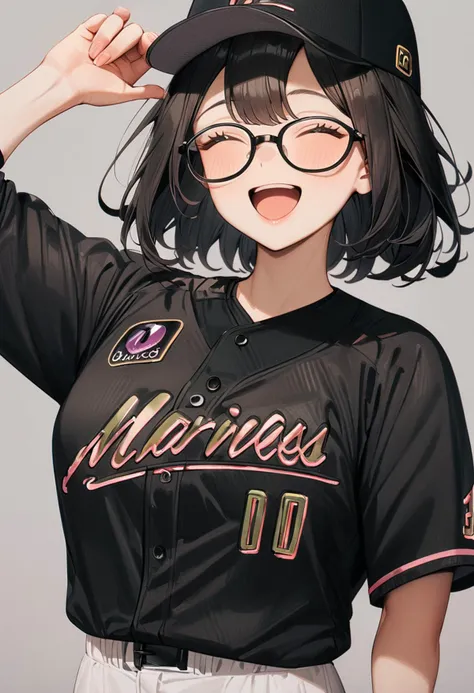 masterpiece, best quality, very aesthetic, absurdres,
1girl, glasses, black hair, medium hair,
BSW2024_00, baseball uniform, baseball cap, black shirt, white pants, happy, smile, closed eyes, open mouth, arm up, hand up, looking at viewer, simple background, grey background
<lora:chiba_lotte_marines_BSW2024_SDXL_V1:1>