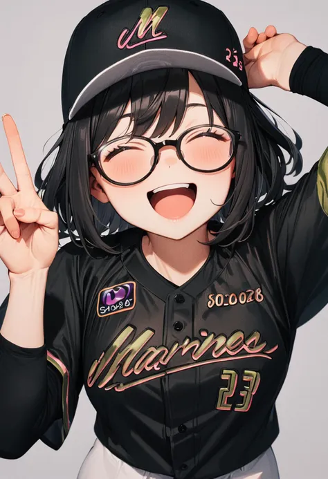 masterpiece, best quality, very aesthetic, absurdres,
1girl, glasses, black hair, medium hair, 
BSW2024_23, baseball uniform, baseball cap, black shirt, white pants, happy, smile, closed eyes, open mouth, v, looking at viewer, simple background, grey background
 <lora:chiba_lotte_marines_BSW2024_SDXL_V1:1>