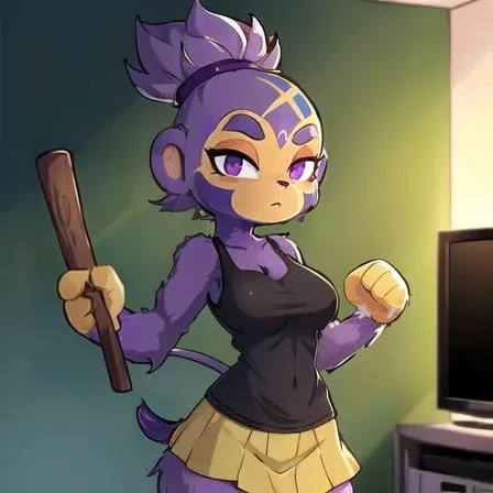 Masterpiece, highest Quality, Highest Resolution, perfect detailed modern anime style, anime lighting, detailed hands, high quality character design, detailed background, detailed, Ezili, 1girl, solo, breasts looking at viewer, short hair, holding, animal ears, closed mouth, purple eyes, monkey tail, purple hair, facial mark, clenched hand, furry, forehead mark, furry female, body fur, animal nose, topknot, stick, two-tone fur, tank top, indoors, in living room, tv, skirt, standing,