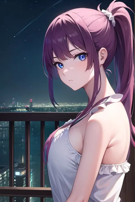 hitagisenjougahara, <lyco:hitagisenjougahara-lyco-nochekaiser:1>,
senjougahara hitagi, long hair, bangs, ponytail, sidelocks, scrunchie, blue eyes, purple hair, (medium breast:1.2),
BREAK casual dress,
BREAK outdoors, city, sky, night, star \(sky\),
BREAK looking at viewer, (cowboy shot:1.5),
BREAK <lyco:GoodHands-beta2:1>, (masterpiece:1.2), best quality, high resolution, unity 8k wallpaper, (illustration:0.8), (beautiful detailed eyes:1.6), extremely detailed face, perfect lighting, extremely detailed CG, (perfect hands, perfect anatomy),