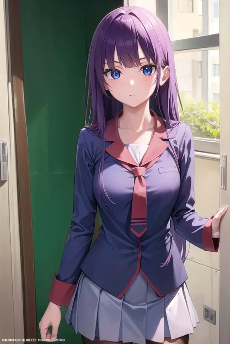 hitagisenjougahara, <lyco:hitagisenjougahara-lyco-nochekaiser:1>,
senjougahara hitagi, long hair, blue eyes, purple hair, (medium breast:1.2),
BREAK skirt, thighhighs, school uniform, necktie, black thighhighs, zettai ryouiki, naoetsu high school uniform, light purple shirt,
BREAK indoors, classroom,
BREAK looking at viewer, (cowboy shot:1.5),
BREAK <lyco:GoodHands-beta2:1>, (masterpiece:1.2), best quality, high resolution, unity 8k wallpaper, (illustration:0.8), (beautiful detailed eyes:1.6), extremely detailed face, perfect lighting, extremely detailed CG, (perfect hands, perfect anatomy),