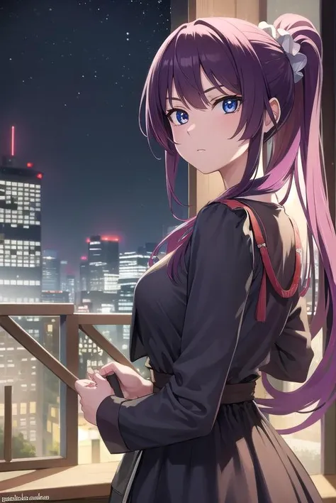 hitagisenjougahara, <lyco:hitagisenjougahara-lyco-nochekaiser:1>,
senjougahara hitagi, long hair, bangs, ponytail, sidelocks, scrunchie, blue eyes, purple hair, (medium breast:1.2),
BREAK casual dress,
BREAK outdoors, city, sky, night, star \(sky\),
BREAK looking at viewer, (cowboy shot:1.5),
BREAK <lyco:GoodHands-beta2:1>, (masterpiece:1.2), best quality, high resolution, unity 8k wallpaper, (illustration:0.8), (beautiful detailed eyes:1.6), extremely detailed face, perfect lighting, extremely detailed CG, (perfect hands, perfect anatomy),
