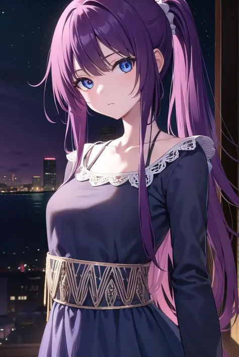hitagisenjougahara, <lyco:hitagisenjougahara-lyco-nochekaiser:1>,
senjougahara hitagi, long hair, bangs, ponytail, sidelocks, scrunchie, blue eyes, purple hair, (small breast:1.2),
BREAK casual dress,
BREAK outdoors, city, sky, night, star \(sky\),
BREAK looking at viewer, (cowboy shot:1.5),
BREAK <lyco:GoodHands-beta2:1>, (masterpiece:1.2), best quality, high resolution, unity 8k wallpaper, (illustration:0.8), (beautiful detailed eyes:1.6), extremely detailed face, perfect lighting, extremely detailed CG, (perfect hands, perfect anatomy),
