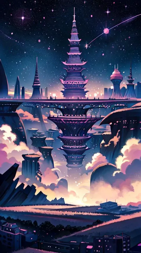 Skyline. beautiful, epic scenery, ((best quality, masterpiece)), <lora:PastelGothAI:0.8> PastelGothAI, No People <lora:FenW:0.8>, Dynamic angle, Space, Galaxy