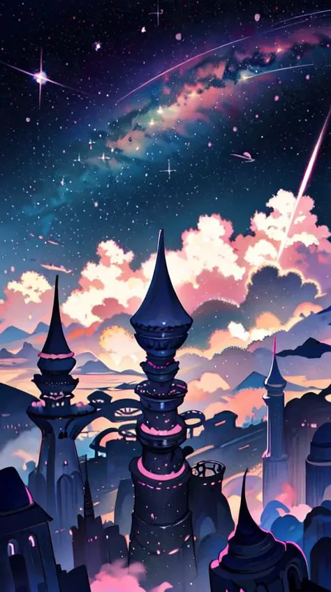 Skyline. beautiful, epic scenery, ((best quality, masterpiece)), <lora:PastelGothAI:0.8> PastelGothAI, No People <lora:FenW:0.8>, Dynamic angle, Space, Galaxy