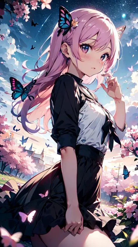 Butterflies, Light colors, eros, innocent, Dusk, dawn, flower petals, flower field ((best quality)), ((masterpiece)), <lora:PastelGothAI:0.6> PastelGothAI