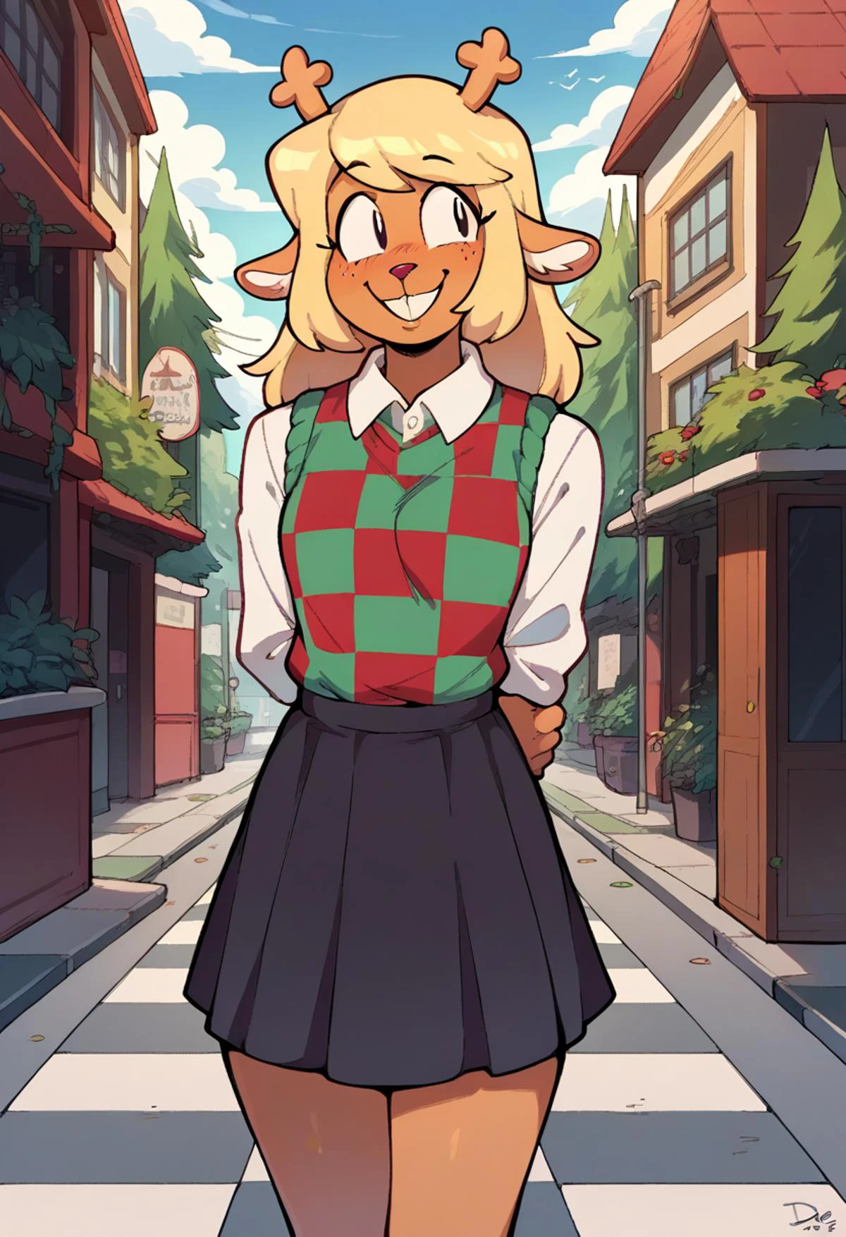 score_9 score_8_up score_7_up score_6_up score_5_up score_4_up source_cartoon noelle holiday deltarune deer anthro white shirt black skirt checkered sweater blonde hair happy smile looking to the side hands behind back urban outdoors <lora:Noelle_Deltarune_PDXL:1> <lora:StS_detail_slider_v1:5>