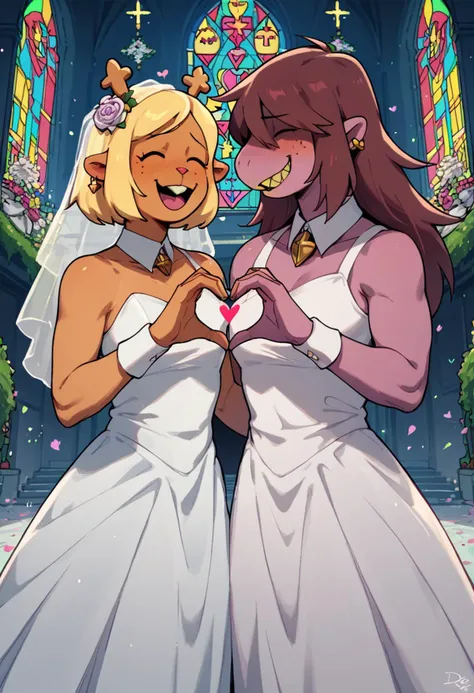 score_9, score_8_up, score_7_up, score_6_up, score_5_up, score_4_up, 2girls, <lora:Noelle_Deltarune_PDXL:1>, deltarune, noelle holiday, noelle, susie, wedding dress, heart hands, happy, church