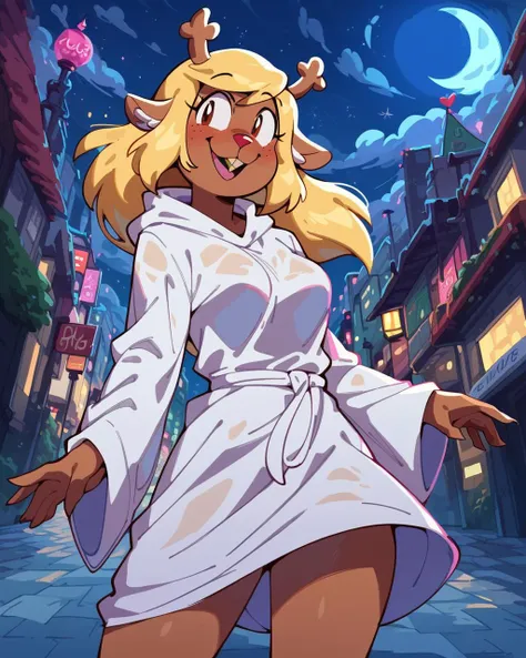 score_9, score_8_up, score_7_up, 1girl, Noelle, noelle holiday from deltarune, deer anthro, brown fur, antlers, buck teeth, red nose, standing, white robe, long robe, BREAK, detailed background, urban, outdoors, night, moon, <lora:Noelle_Deltarune_PDXL:1>