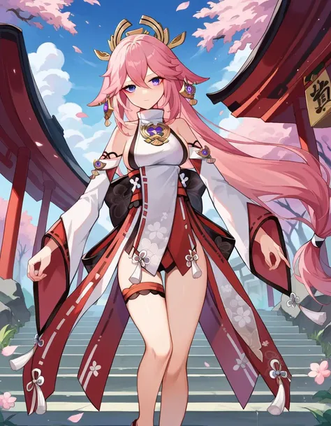 ((Masterpiece)), ((HD,)), ((aesthetic)), 《Yae Miko》, 《Genshin Impact》, aesthetic background, full body portrait, cute face, blushing, smile, sexy pose, big breasts, 
