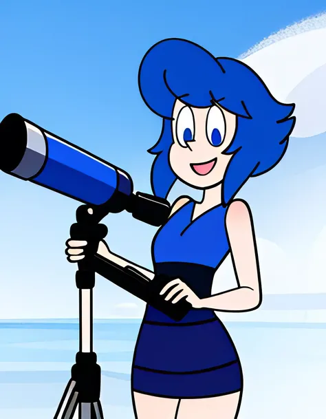 ASCII<lora:lapizlorarmixpro-000002:.8>, 1girl, Lapiz Lazuli (character), looking through a telescope, skindentation, blue skin, beautiful woman, short skirt, blue hair, pupils, holding telescope, outdoors, happy, smile, detailed background