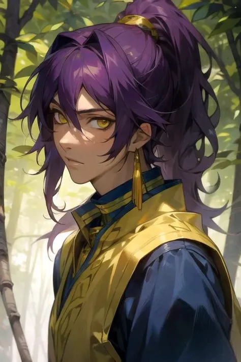 masterpiece, best quality, photorealistic, 1boy, solo, male focus, looking at viewer, upper body, , , realistic, <lora:soma_asman_kadar:0.68>, soma_asman_kadar, purple hair, yellow eyes, long hair, ponytail, windcheater, , The Enchanted Forest,