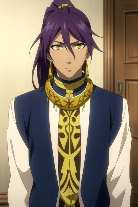 masterpiece, best quality, movie still, 1boy, solo, male focus, looking at viewer, , depth of field, , realistic, <lora:soma_asman_kadar:0.68>, soma_asman_kadar, purple hair, yellow eyes, long hair, ponytail