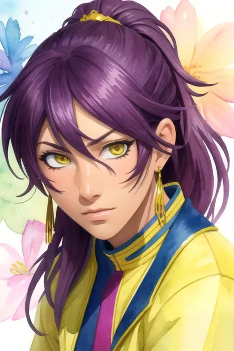 masterpiece, best quality, illustration, 1boy, solo, male focus, looking at viewer, upper body, depth of field, (watercolor illustration, soft pastel colors:1.1), realistic, <lora:soma_asman_kadar:0.74>, soma_asman_kadar, purple hair, yellow eyes, long hair, ponytail, , ,
