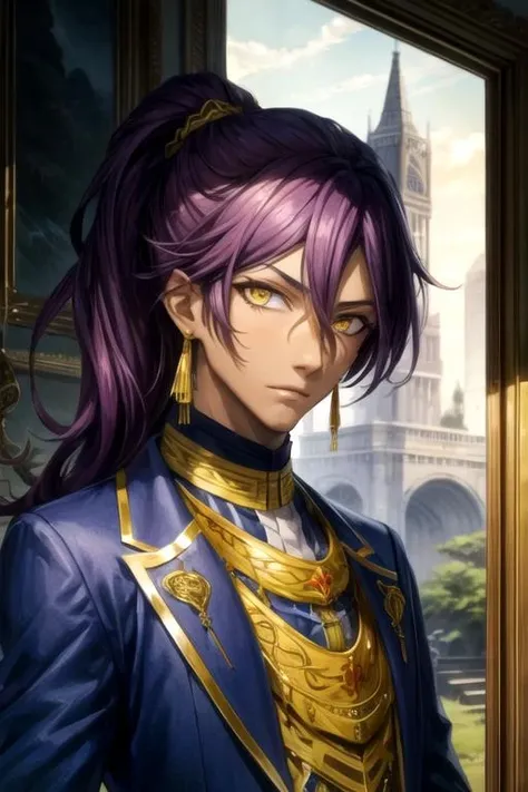 masterpiece, best quality, , 1boy, solo, male focus, looking at viewer, upper body, , , , <lora:soma_asman_kadar:0.72>, soma_asman_kadar, purple hair, yellow eyes, long hair, ponytail, suit, panama hat, The Tower of Shadows,