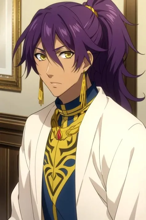 portrait, solo, upper body, looking at viewer, detailed background, detailed face, 1boy, witch doctor, mysterious, piercing green eyes, dreadlocks, dark purple, thin eyebrows, tribal attire, bone ornaments, secretive, shamanistic, dense jungle, mystical chants,