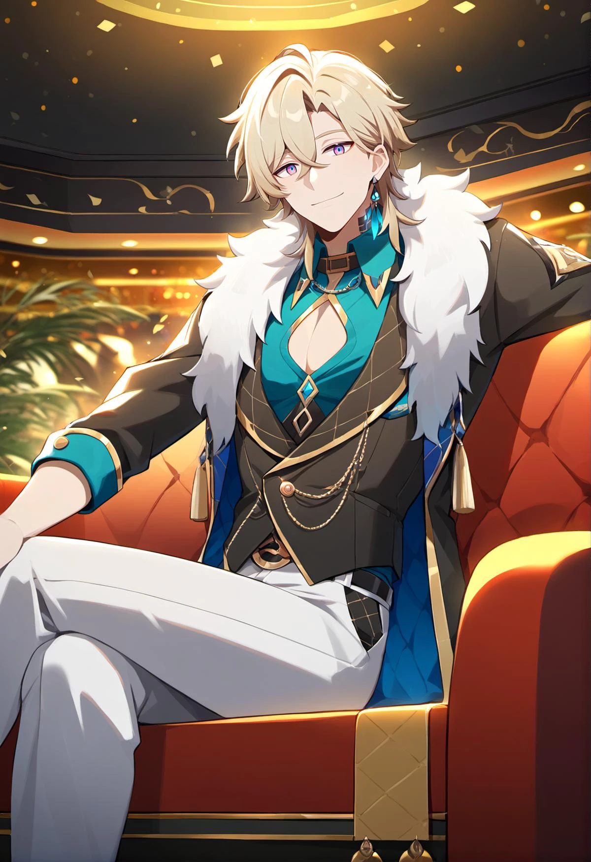 1boy, aventurine, blonde hair, gorgeous, medium hair, (two-tone eyes, purple eyes, blue eyes), best quality, high resolution, materpiece, very detailed, male focus, sitting, shirt, pants, best quality, amazing quality, best aesthetic, absurdres, casino background <lora:add-detail-xl:1> <lora:AventurineHonkai_Star_Rail:0.8>