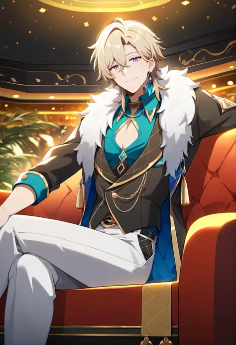 1boy, aventurine, blonde hair, gorgeous, medium hair, (two-tone eyes, purple eyes, blue eyes), best quality, high resolution, materpiece, very detailed, male focus, sitting, shirt, pants, best quality, amazing quality, best aesthetic, absurdres, casino background <lora:add-detail-xl:1>   <lora:AventurineHonkai_Star_Rail:0.8>