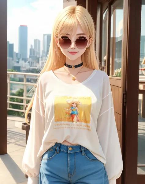 4K, Masterpiece, highres, absurdres,natural volumetric lighting and best shadows, deep depth of field, sharp focus, smiling,soft delicate beautiful attractive face,edgAsianc,
beautiful blonde Nadia with sunglasses and a choker,
baggy jeans, oversize t shirt,
wearing edgAsianc, cowboy shot  <lora:Nadia:0.35>  <lora:edgAsianc:0.76>