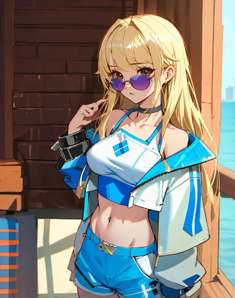 Masterpiece, absurdres, hd, sharp focus, shadows, detail,edgAsianc,beautiful blonde Nadia with sunglasses and a choker, leather jacket, in a white top and blue shorts ,midriff, toned,wearing edgAsianc, cowboy shot <lora:edgAsianc:0.8> <lora:Nadia:0.35> <lora:zeronis:1>