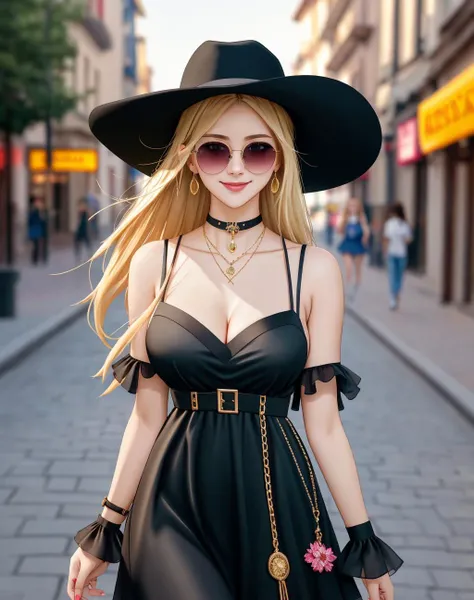 4K, Masterpiece, highres, absurdres,natural volumetric lighting and best shadows, deep depth of field, sharp focus, smiling,soft delicate beautiful attractive face,edgAsianc,
beautiful blonde Nadia with sunglasses and a choker,
a woman in a black dress and hat walking down a street,
wearing edgAsianc, cowboy shot <lora:edgAsianc:0.8> <lora:Nadia:0.35> <lora:zeronis:0.7> <lora:DitaStyle1:0.25>