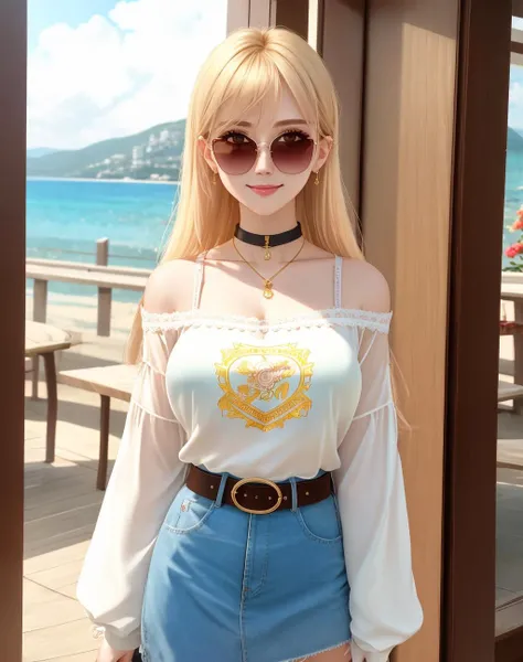4K, Masterpiece, highres, absurdres,natural volumetric lighting and best shadows, deep depth of field, sharp focus, smiling,soft delicate beautiful attractive face,edgAsianc,
beautiful blonde Nadia with sunglasses and a choker,
oversize t shirt, off shoulder,belt,skirt,
wearing edgAsianc, cowboy shot <lora:Nadia:0.35> <lora:edgAsianc:0.76>