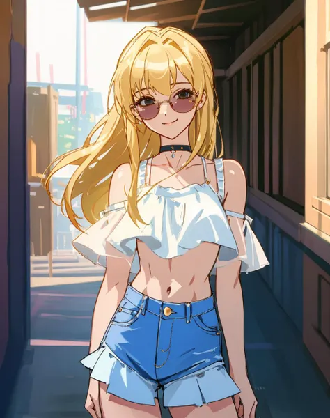 4K, Masterpiece, highres, absurdres,natural volumetric lighting and best shadows, deep depth of field, sharp focus, smiling,soft delicate beautiful attractive face,edgAsianc,
beautiful blonde Nadia with sunglasses and a choker,
white blouse and denim skirt, midriff,abs,
wearing edgAsianc, cowboy shot  <lora:Nadia:0.35> <lora:zeronis:0.7>   <lora:DitaStyle1:0.25> <lora:edgAsianc:0.7>