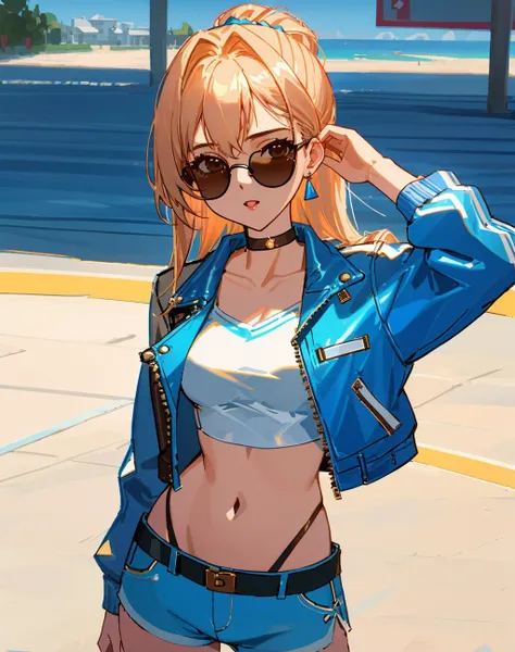 Masterpiece, absurdres, hd, sharp focus, shadows, detail,edgAsianc,a 25years Nadia with sunglasses and a choker, leather jacket, in a white top and blue shorts ,midriff, toned,wearing edgAsianc, cowboy shot <lora:edgAsianc:0.7> <lora:Nadia:0.35>