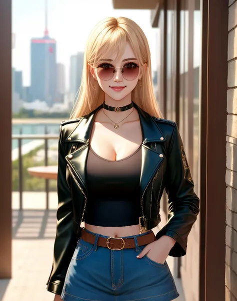4K, Masterpiece, highres, absurdres,natural volumetric lighting and best shadows, deep depth of field, sharp focus, smiling,soft delicate beautiful attractive face,edgAsianc,
beautiful blonde Nadia with sunglasses and a choker,
leather jacket, miniskirt,
wearing edgAsianc, cowboy shot <lora:Nadia:0.35> <lora:edgAsianc:0.76>