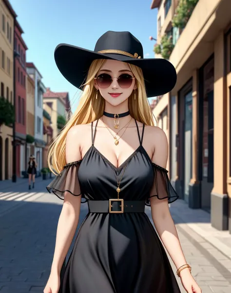 4K, Masterpiece, highres, absurdres,natural volumetric lighting and best shadows, deep depth of field, sharp focus, smiling,soft delicate beautiful attractive face,edgAsianc,
beautiful blonde Nadia with sunglasses and a choker,
 black dress and hat walking down a street,
wearing edgAsianc, cowboy shot  <lora:Nadia:0.35> <lora:zeronis:0.7>   <lora:DitaStyle1:0.25> <lora:edgAsianc:0.7>